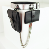 Ceinture en cuir Couleur Argent Collection ASTRÉ Ceinture Argent Galactique Fait Main, Porte carte et et Mini sac cuir grainé noir argent