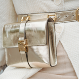 ceinture cuir femme, ceinture femme, ceinture bijou, ceinture doré, ceinture champagne, accessoire femme, collection ASTRÉ, cuir irisé, sac porté en ceinture