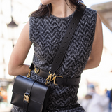 bandoulière en cuir, bandoulière femme, collection ASTRÉ, accessoire femme, doré, cuir lisse noir, sac bandoulière